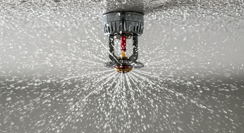 fire-sprinkler-system-activates-spraying-water-ceiling-to-extinguish-activated-expelling-starburst-pattern-398835811